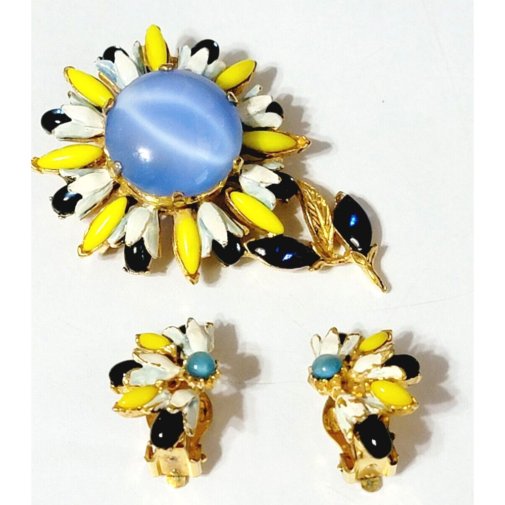 RARE Florenza Jewelry‎ Set Brooch Earrings, Blue Moonstone Yellow Flowers js-